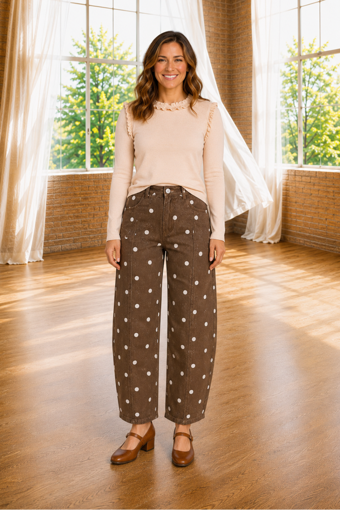 * Barrel jeans
* Polka dot print
* Tailored seam
* Button/zipper closure
* Belt loops
* Pocketed
* Loose fit
* Natural stretch
