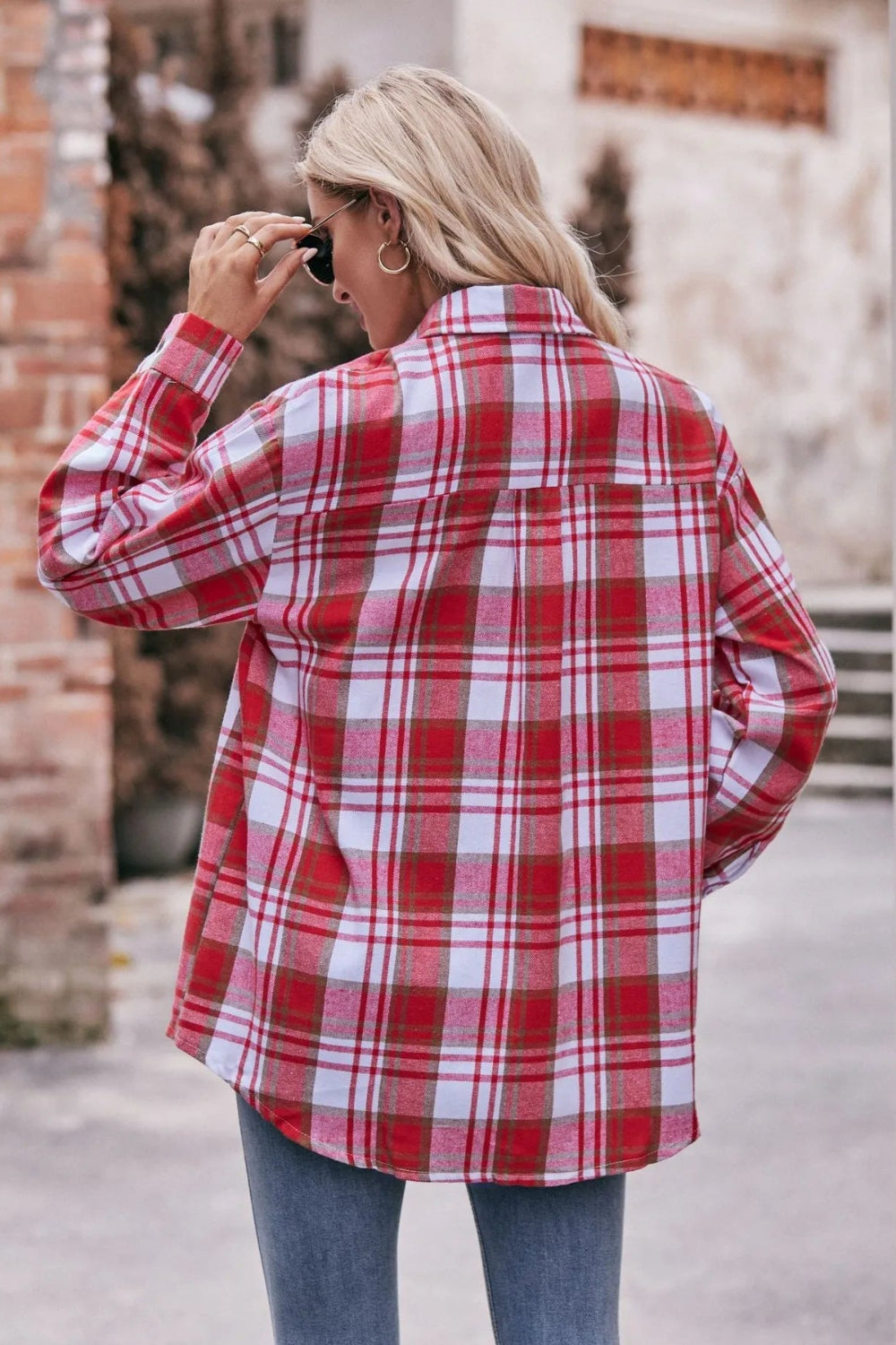 Long sleeve shirt, plaid, collared, pocketed, buttoned, oversized, drop shoulder, no stretch, many colors, back view