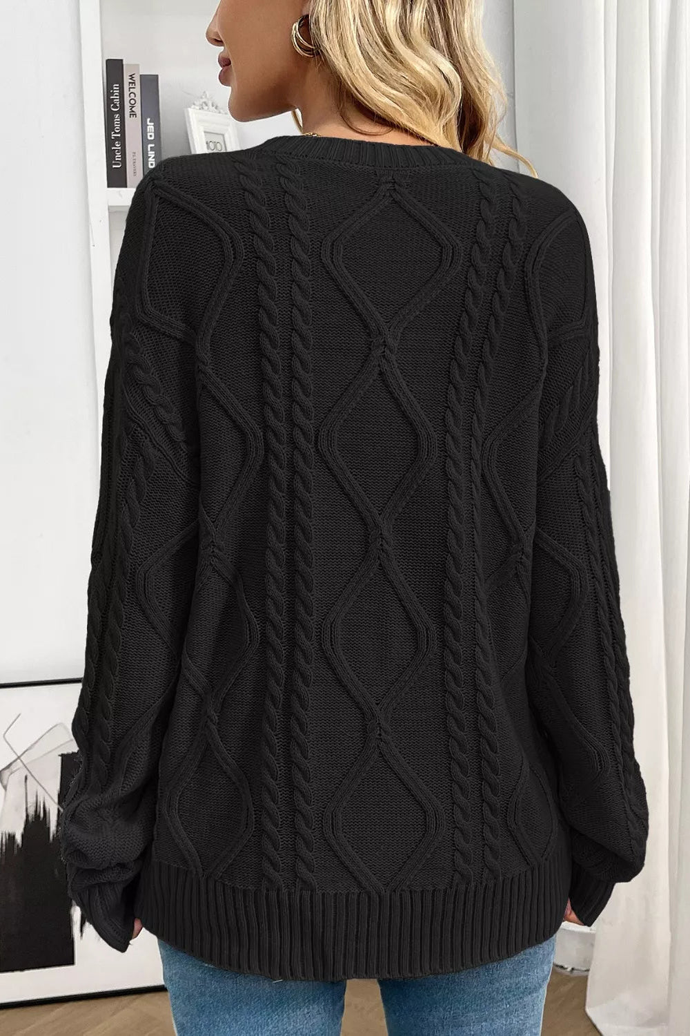 sweater, long sleeve, round neck, ribbed cuff and neck, drop shoulder, cable-knit, soft, stretchy, back view