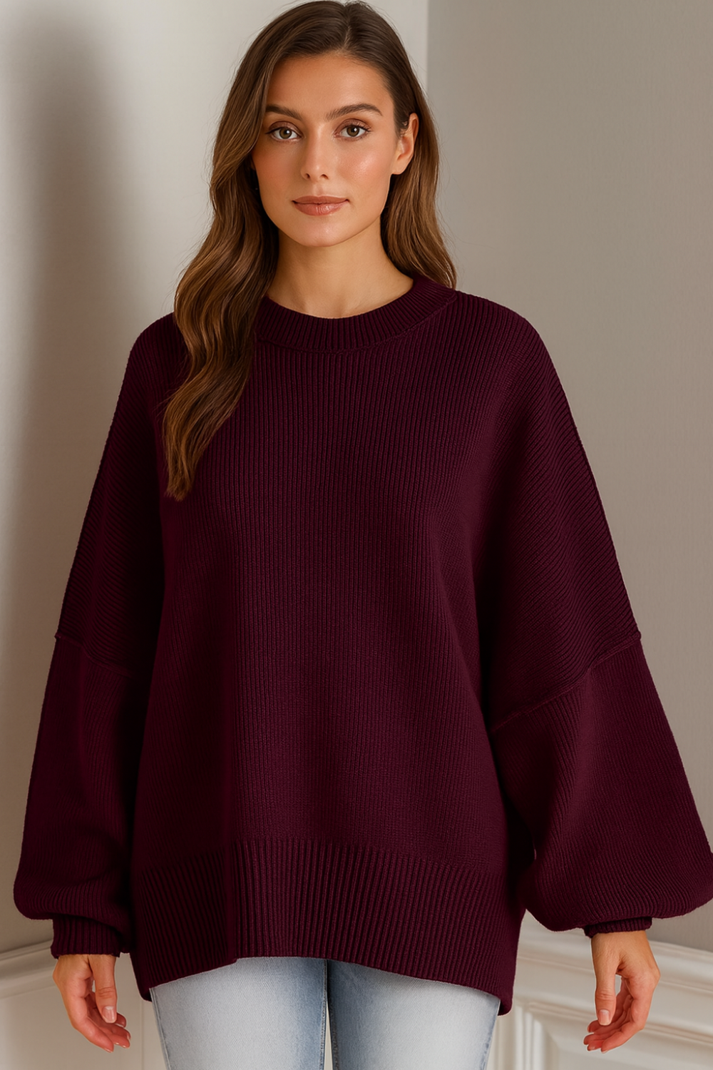 Sweater, oversized, drop shoulder, round neck, exposed seam, long, side slit, ribbed, stretchy front view
