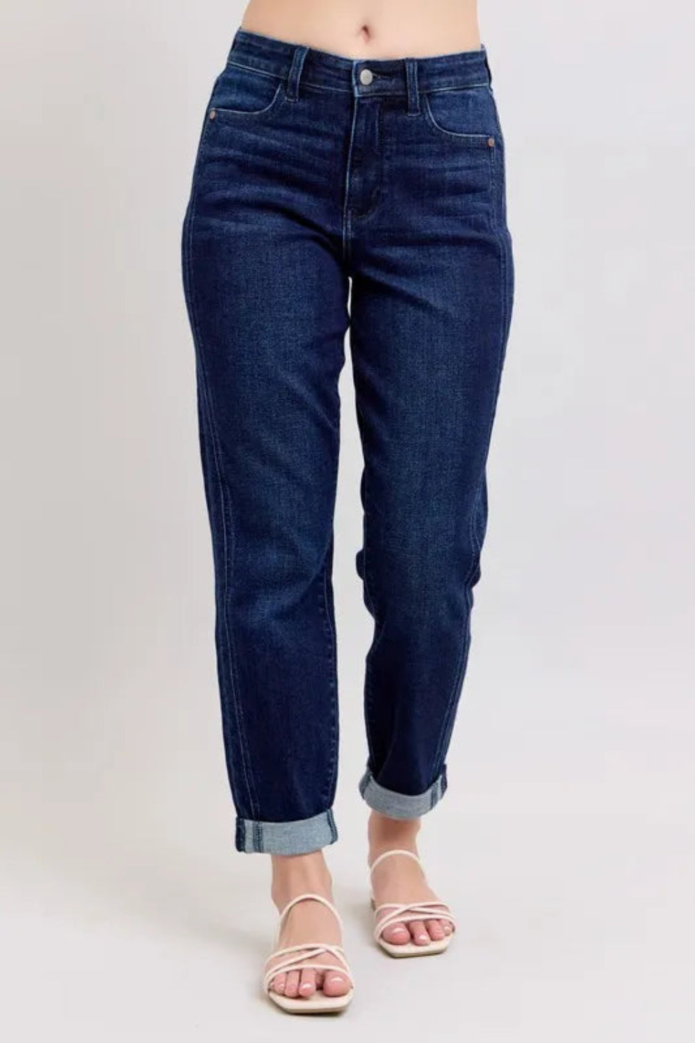 Judy Blue Jeans, high waist, full-size, pocketed, button and zipper closure, dark wash, double seam, slightly stretchy, front view
