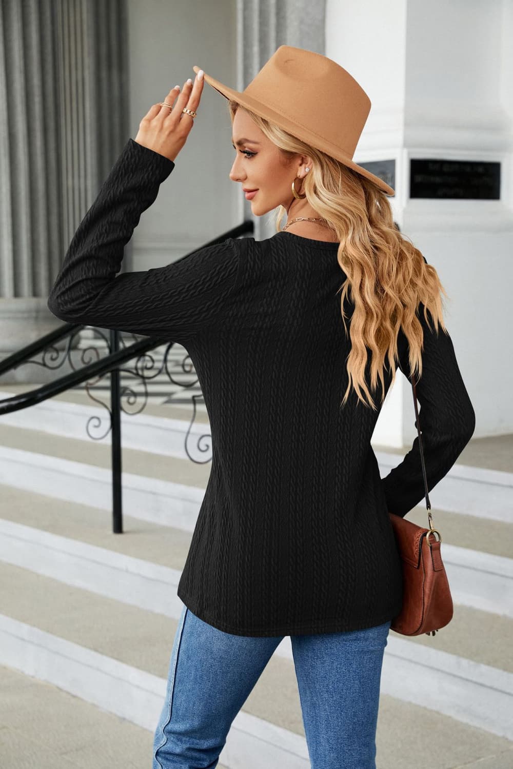 t-shirt, pullover, long sleeve, v-neck, cable-knit, buttoned, opaque, slightly stretchy, back view