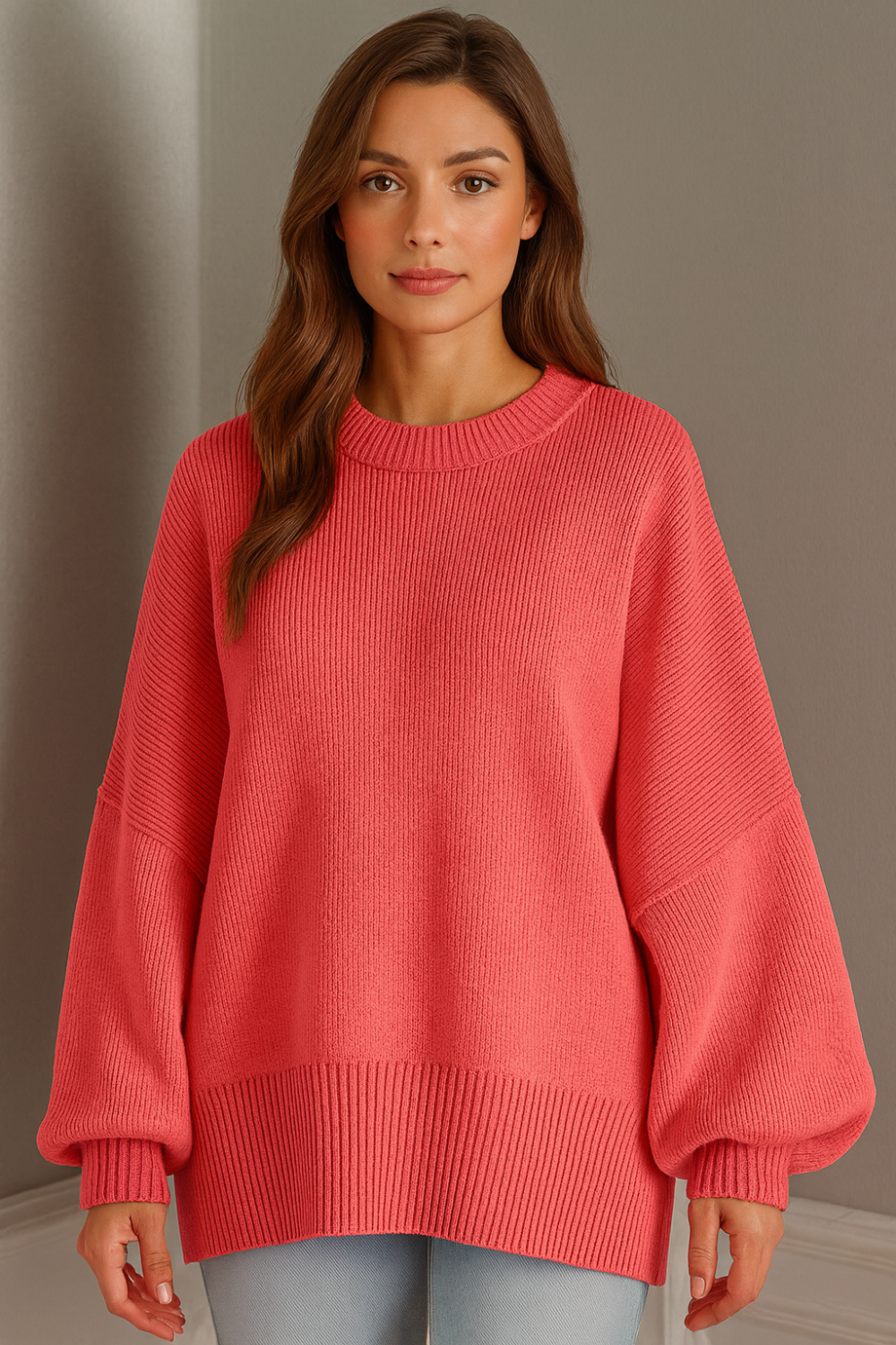 Sweater, oversized, drop shoulder, round neck, exposed seam, long, side slit, ribbed, stretchy front view
