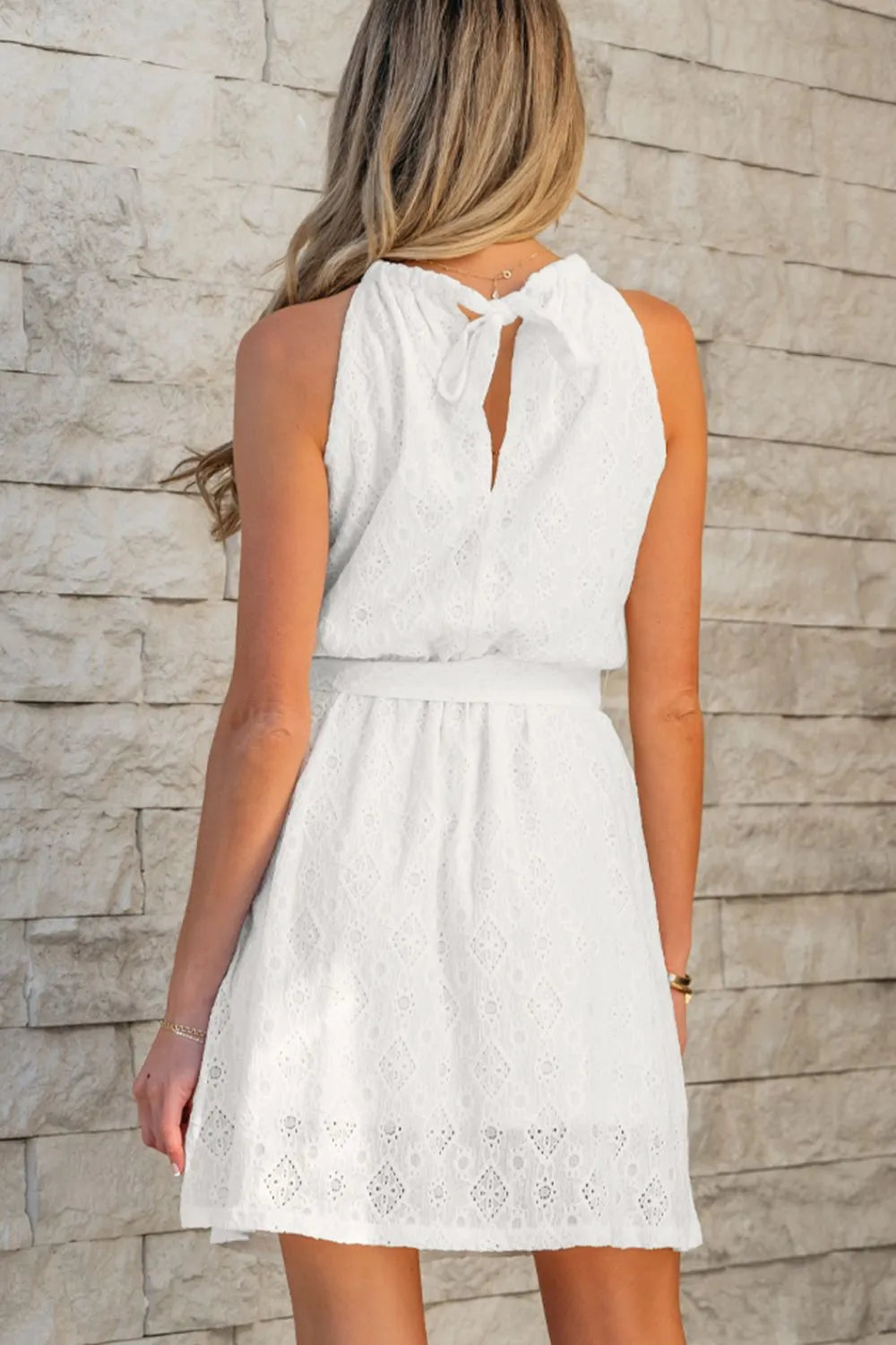 Mini dress, sleeveless, tied waist, tied keyhole back, partially lined, opaque, lace,  no stretch back view
