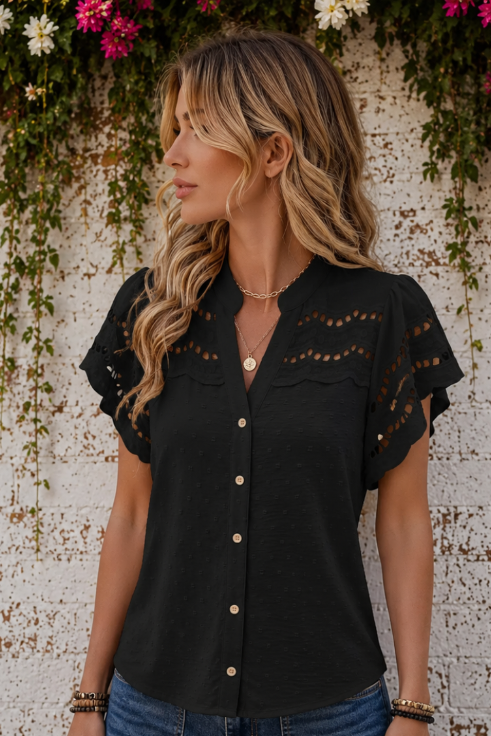 * Notch neck
* Flutter sleeve
* Buttoned
* Cutout
* Swiss dot
* Textured
* Round hem
* No stretch