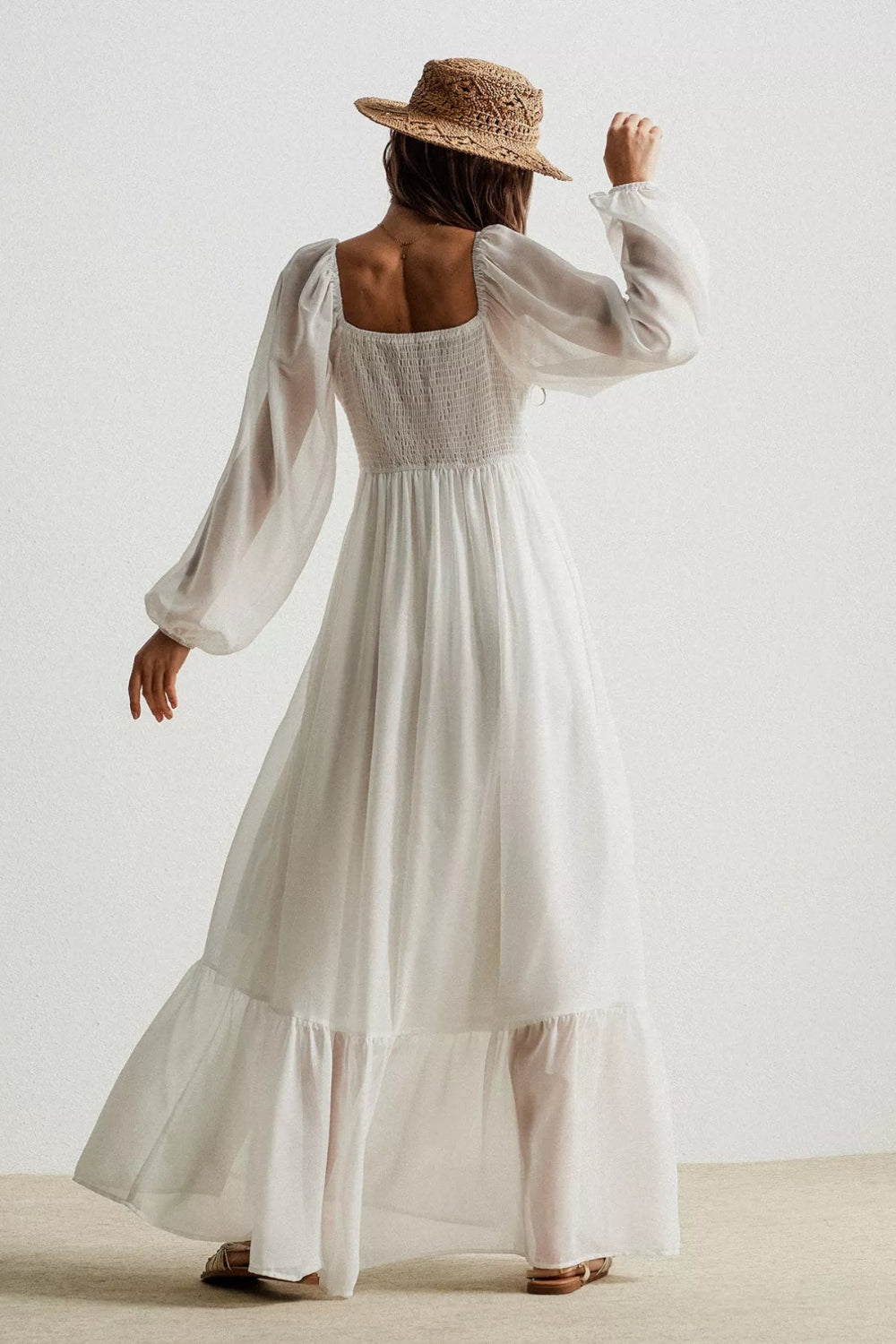 Maxi dress, boho style, v-neck, crochet, lace, smocked, partially lined, bishop sleeve, some stretch on top, no stretch on body, back view