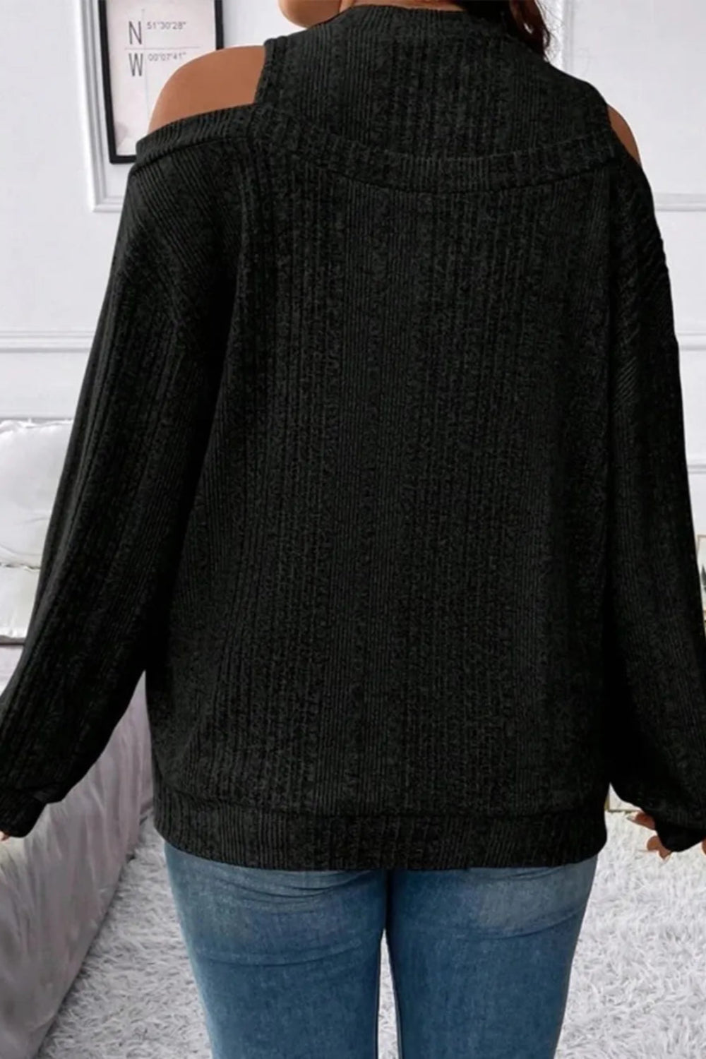 Sweater, pullover, long sleeve, round neck, cold shoulder, drop shoulder, ribbed, slightly stretchy back view