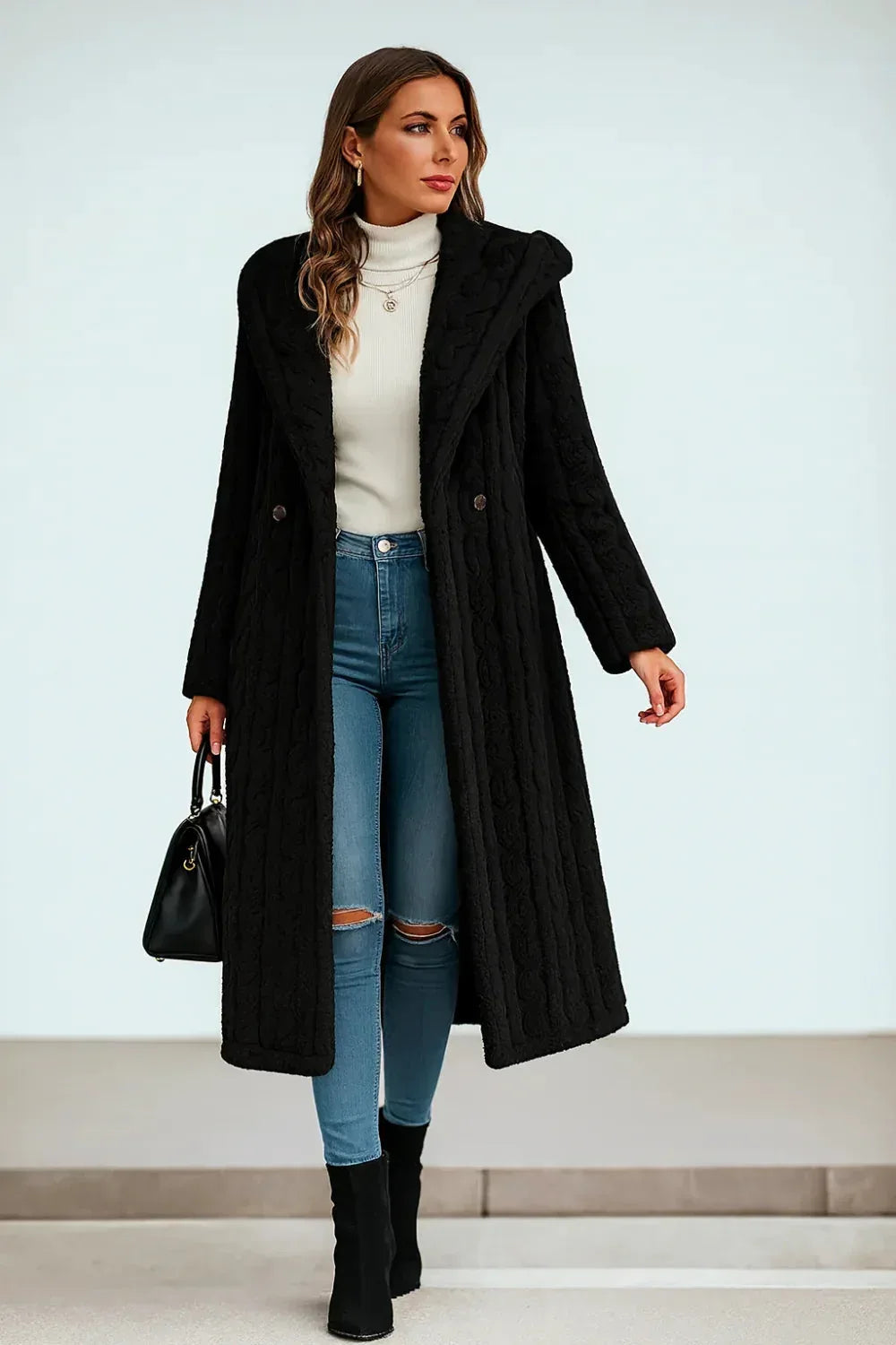 Longline coat, hooded, buttoned, pocketed, thick, lined, oversized, cable-knit design, some stretch, front view