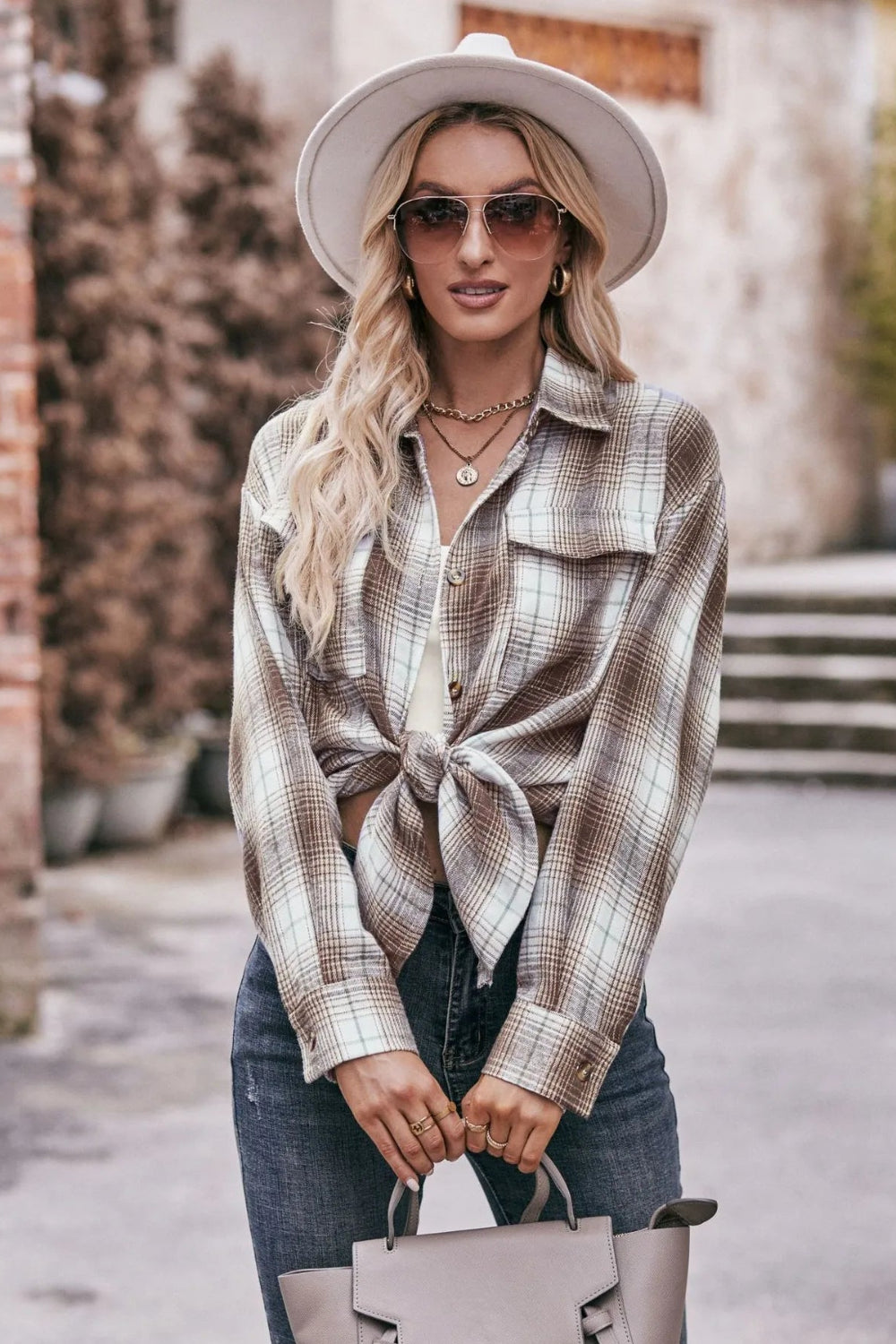 Long sleeve shirt, plaid, collared, pocketed, buttoned, oversized, drop shoulder, no stretch, many colors, front view