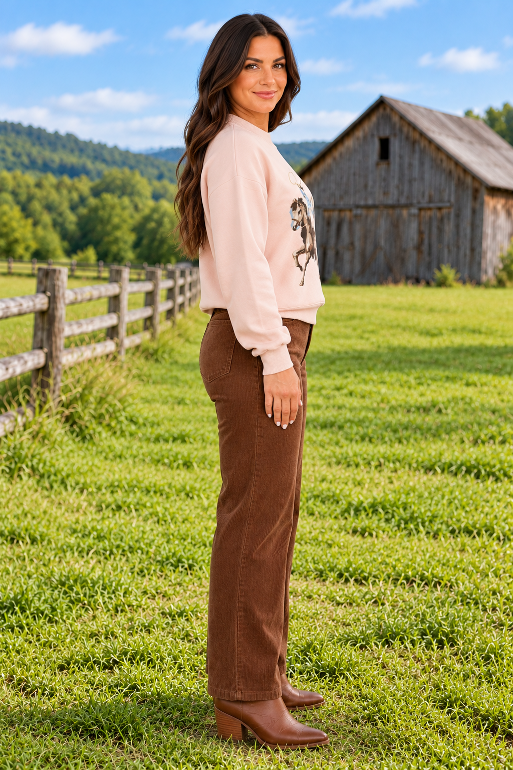 Side view of Ellis Pants with double button, zipper closure, belt loops, corduroy, pocketed, high-rise, structured waist, no stretch.