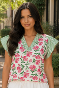 * V-neck
* Flutter sleeves
* Floral and stripe pattern
* Frill
* No stretch