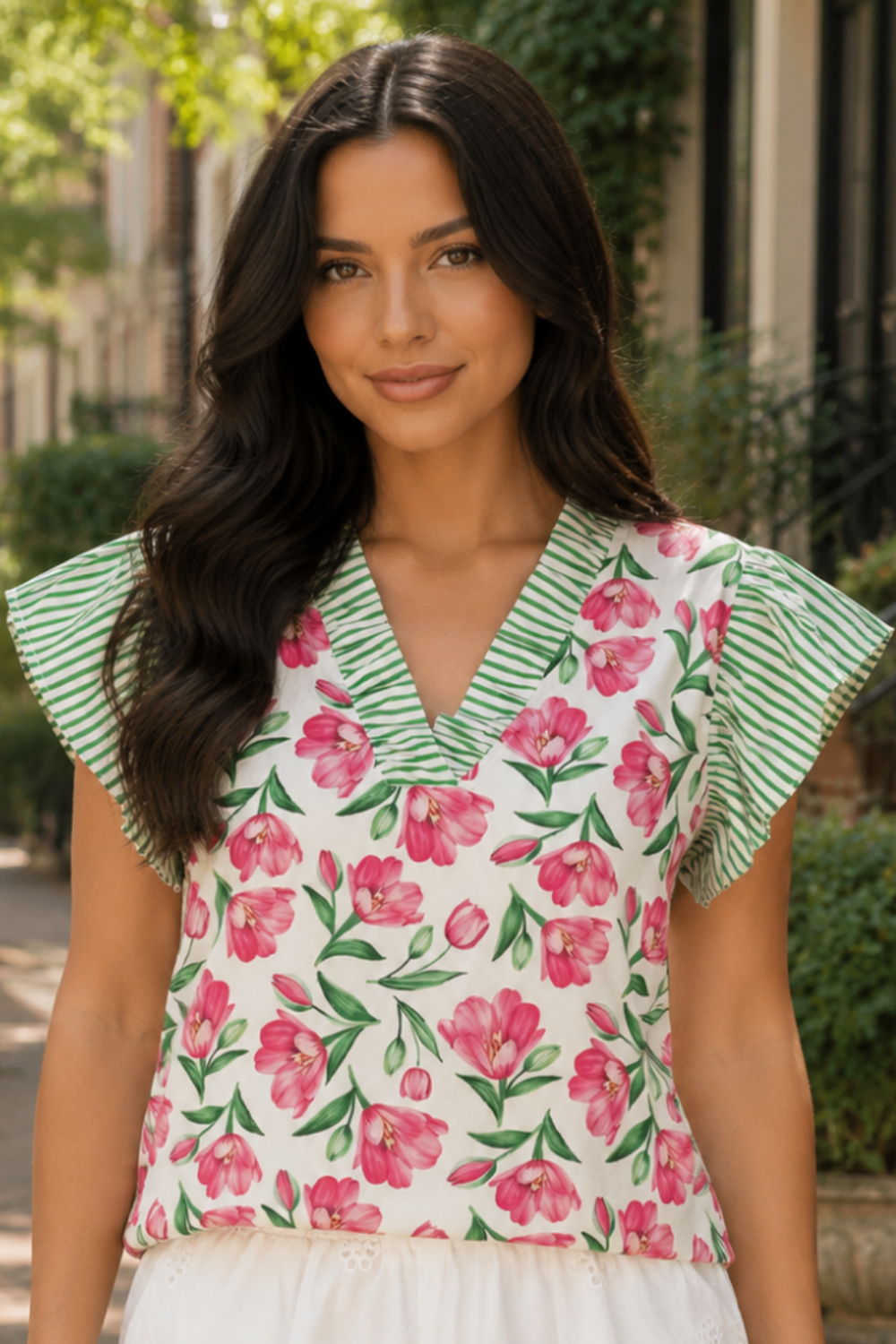* V-neck
* Flutter sleeves
* Floral and stripe pattern
* Frill
* No stretch