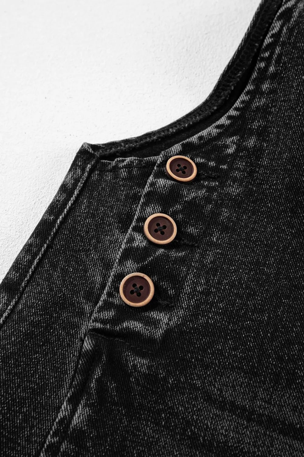 Overalls, Denim, Wide Strap, Distressed, Side Button Closure, Button Straps, Cropped, Pocketed, Bibbed, Slightly Stretchy Close Up View