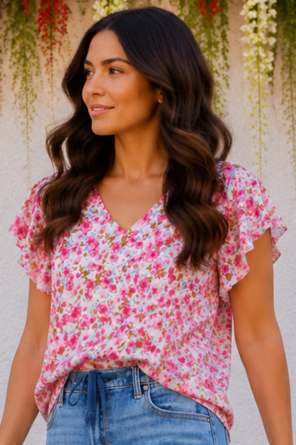 * Pullover
* V-neck
* Flutter sleeve
* Round hem
* Floral print
* No stretch