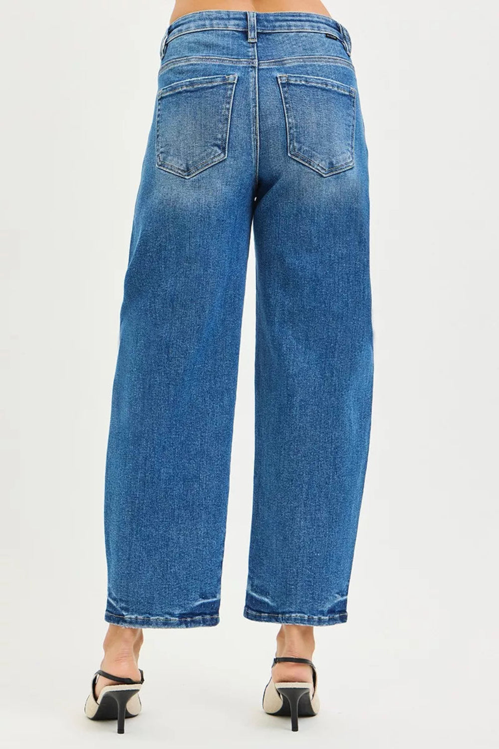 Risen Jeans, mid-rise, raw hem, slouchy, cropped, barrel shape, belt loops, pocketed, button/zipper closure, medium wash, slightly stretchy, back view