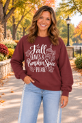 Fall Leaves Graphic Sweatshirt in burgundy with white “Fall Leaves & Pumpkin Spice Please” lettering, leaves, and a drink cup.