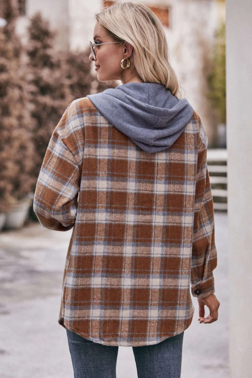 Plaid shacket, hoodie, drawstring, long sleeve, drop shoulder, buttoned, front patch pocket, pleated and buttoned cuffs, rounded hem, unlined, lightweight, no stretch, back view
