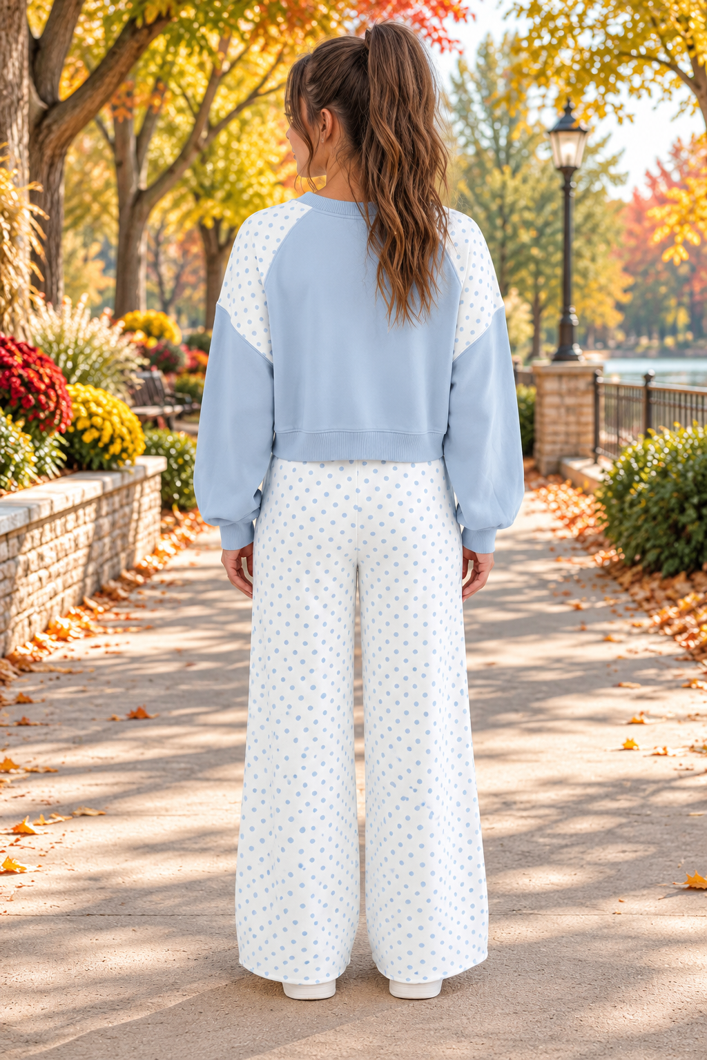 Social Club Pant Set with a light blue cropped sweatshirt, polka-dot shoulder panels, and matching wide-leg drawstring pants back view.