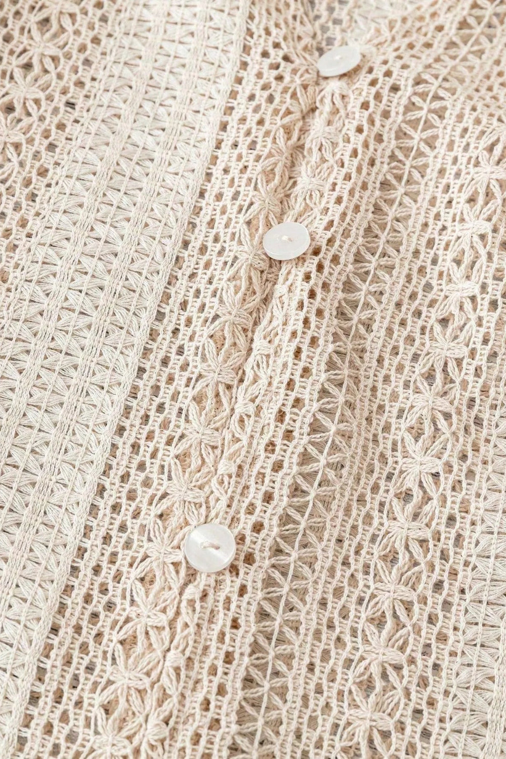 Shirt, long sleeve, crochet, ruffled v-neck, buttoned, unlined, slightly stretchy, close up view