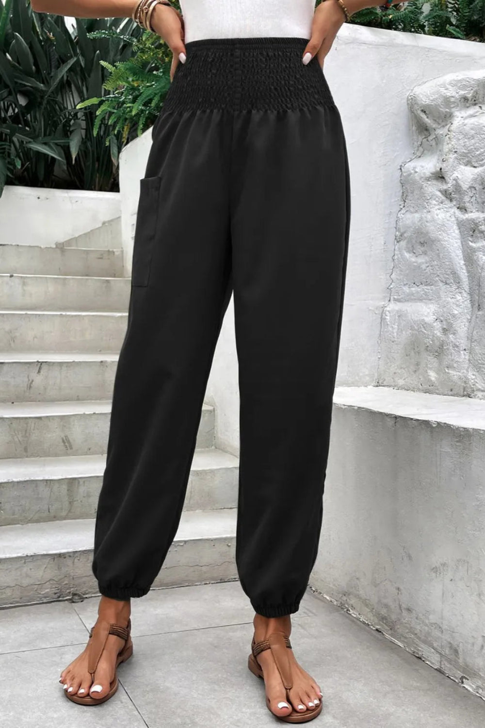 Joggers, high-waist, no drawstring, shirred, pocketed, opaque, slightly stretchy front view