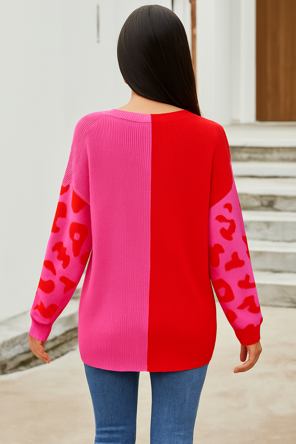 Sweater, pullover, v-neck, long sleeve, drop shoulder, color block, leopard sleeves, stretchy, back view