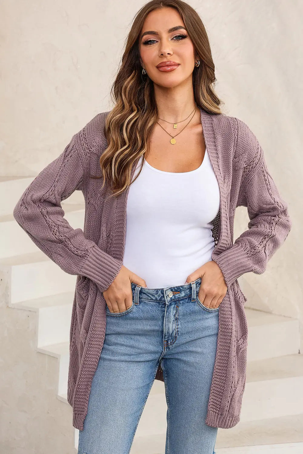 Cardigan, long sleeve, drop shoulder, open front, cable-knit, side slit, openwork, no buttons, pocketed, stretchy front view