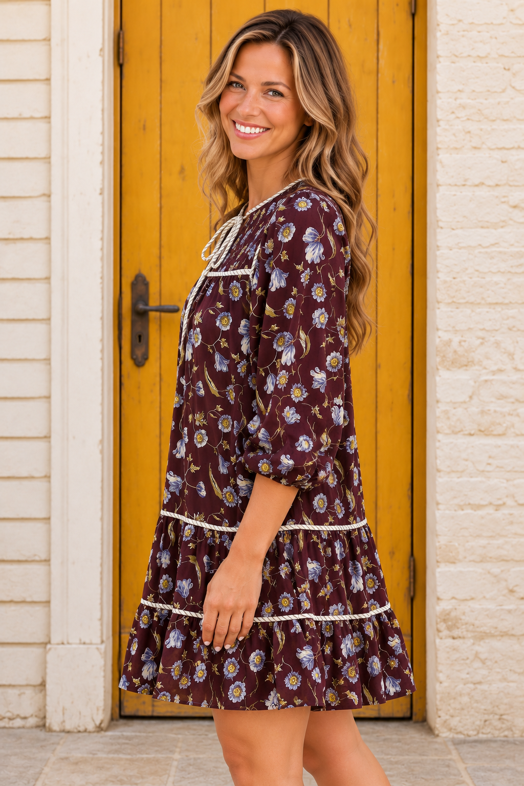 Floral Frenzy Mini Dress in burgundy with blue florals, a tie neckline, three-quarter sleeves, striped trim, and tiered skirt side view.