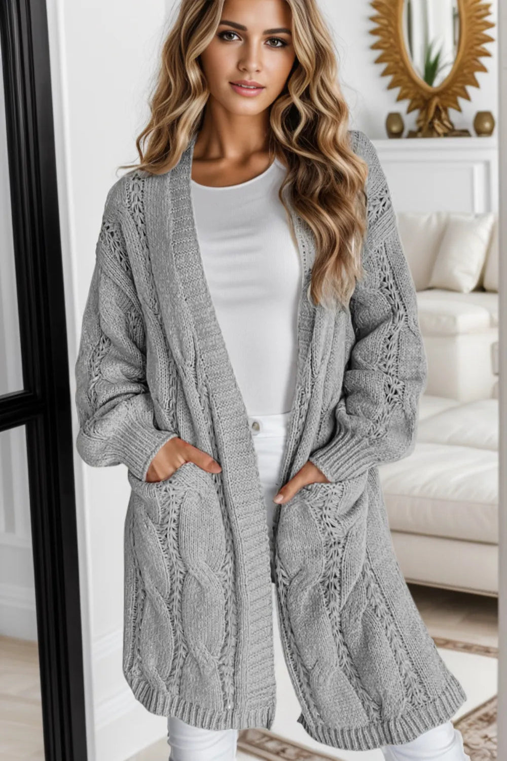 Cardigan, long sleeve, drop shoulder, open front, cable-knit, side slit, openwork, no buttons, pocketed, stretchy front view
