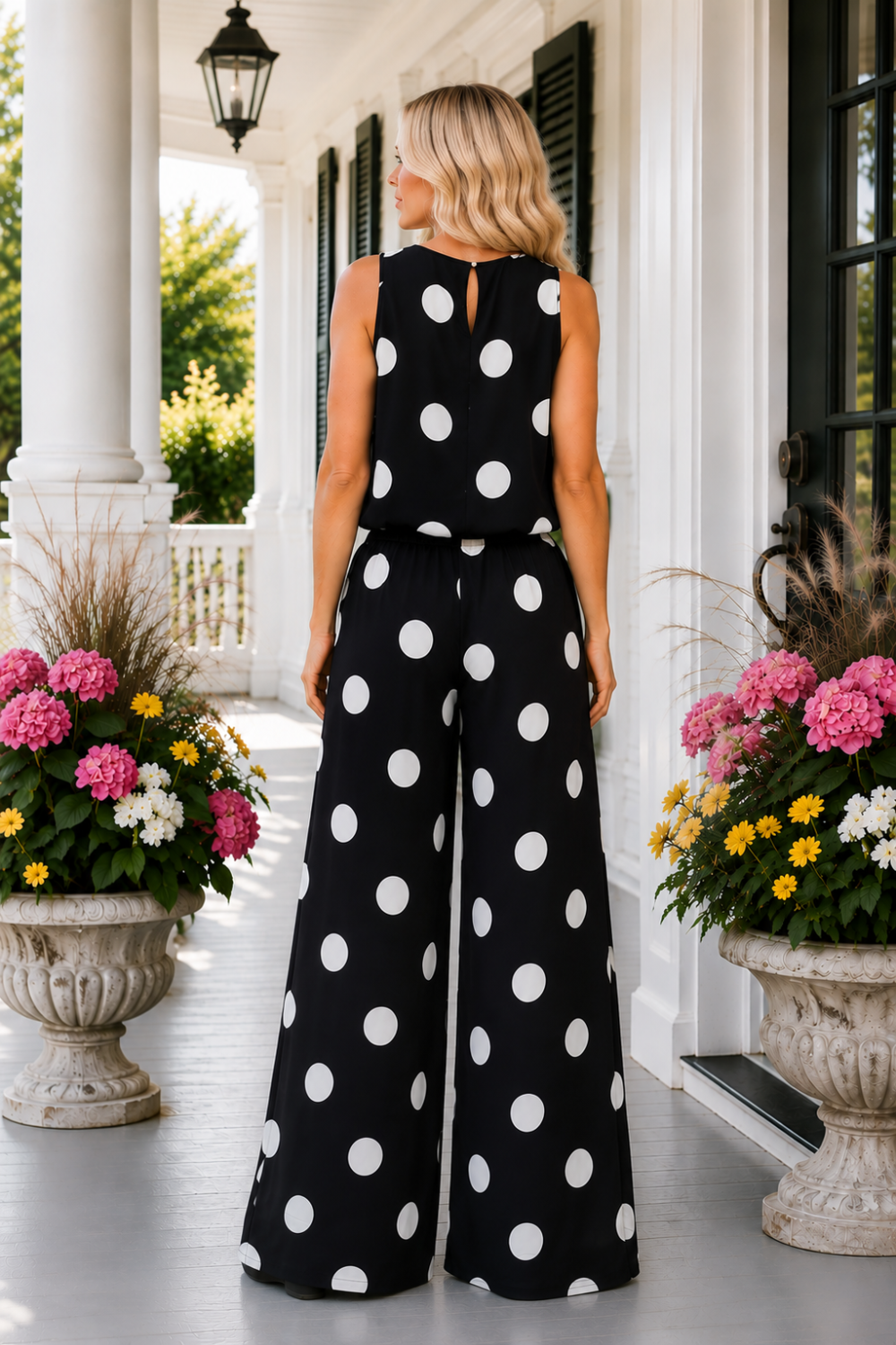 * Two-piece set
* Round neck
* Sleeveless
* Front pleats
* Keyhole closure
* Partial elastic waist
* Side zip
* Pocketed
* Wide leg
* No stretch