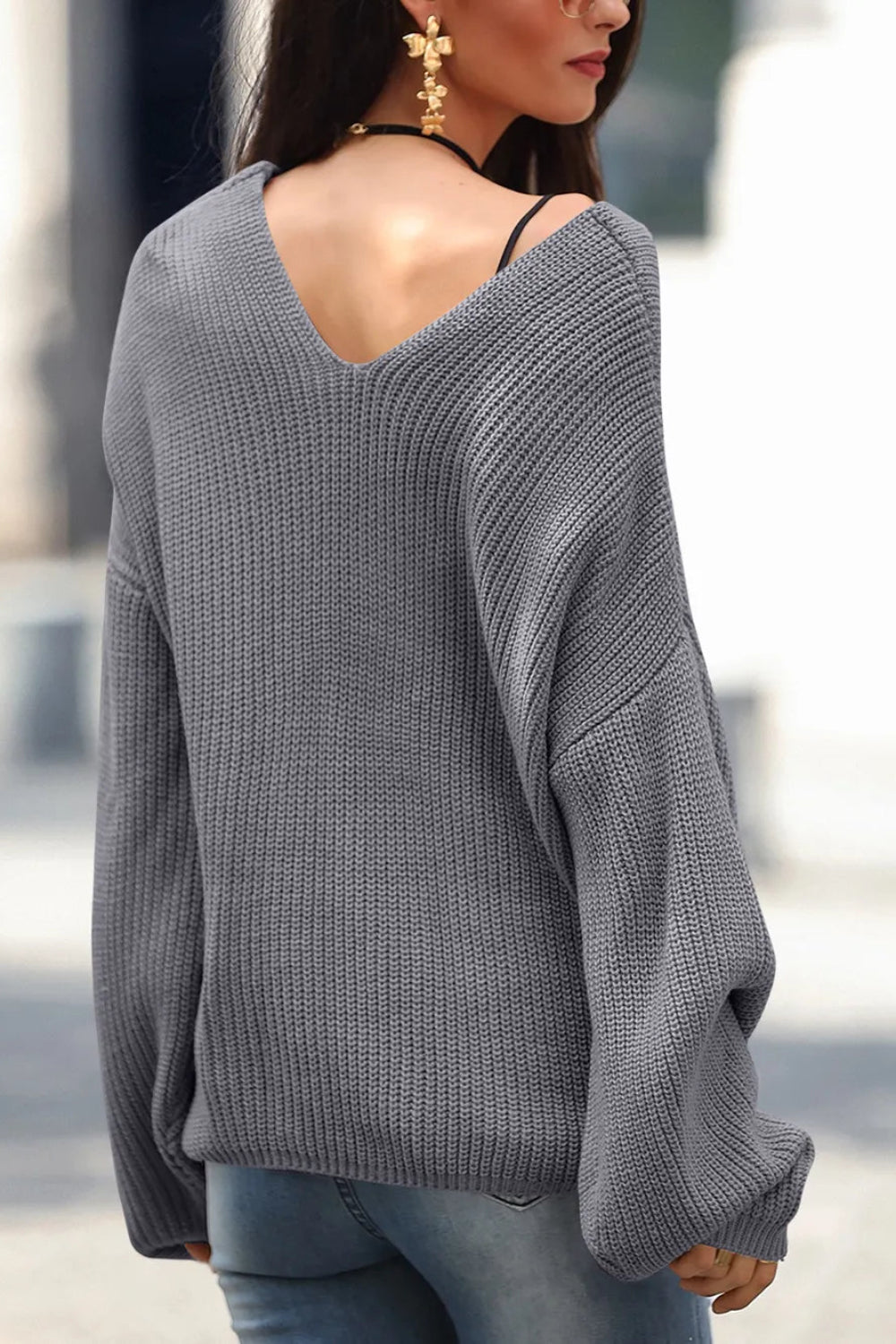 sweater, pullover, long sleeve, drop shoulder, v-neck, ribbed, knit, front lace detail, oversized, slightly stretchy, back view