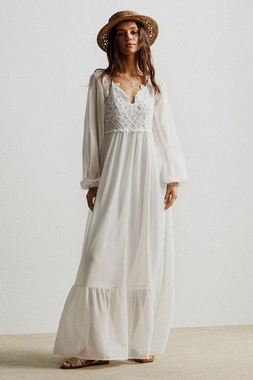 Maxi dress, boho style, v-neck, crochet, lace, smocked, partially lined, bishop sleeve, some stretch on top, no stretch on body, front view
