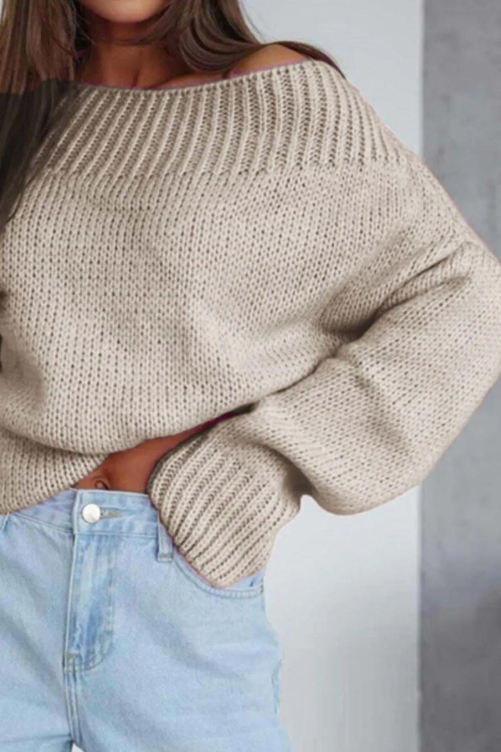 Sweater, pullover, long sleeve, boat neck, oversized, ribbed neck and cuffs, slightly stretchy close up view
