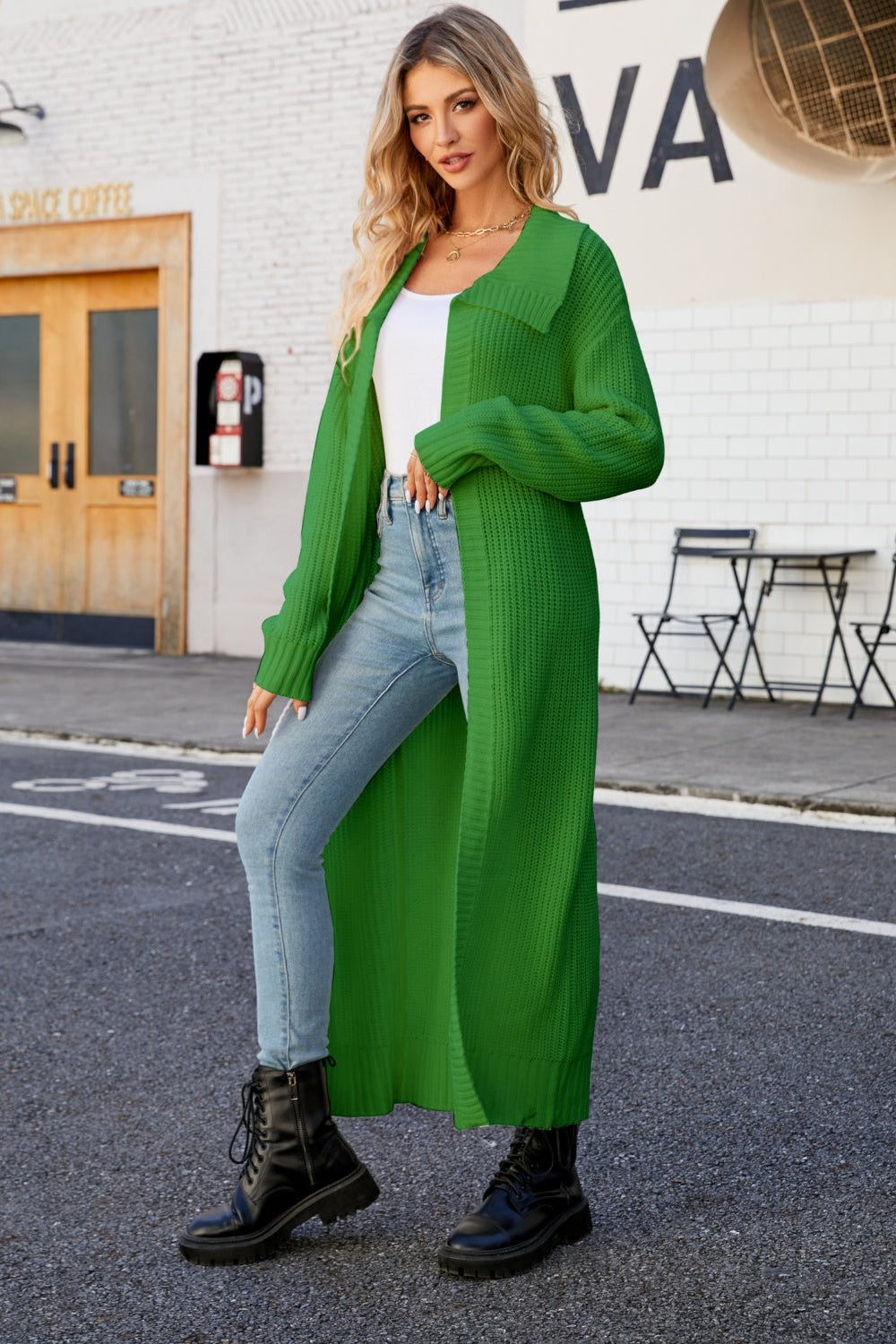 cardigan, open front, duster, collared, ribbed, long sleeve, drop shoulder, slightly stretchy, front view