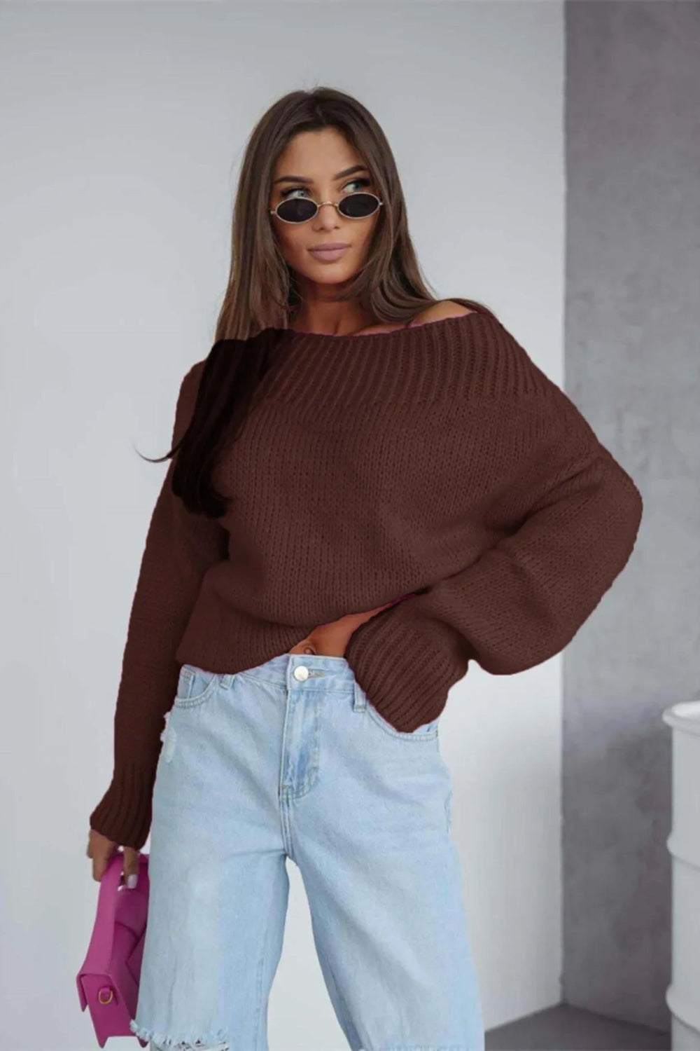 Sweater, pullover, long sleeve, boat neck, oversized, ribbed neck and cuffs, slightly stretchy front view