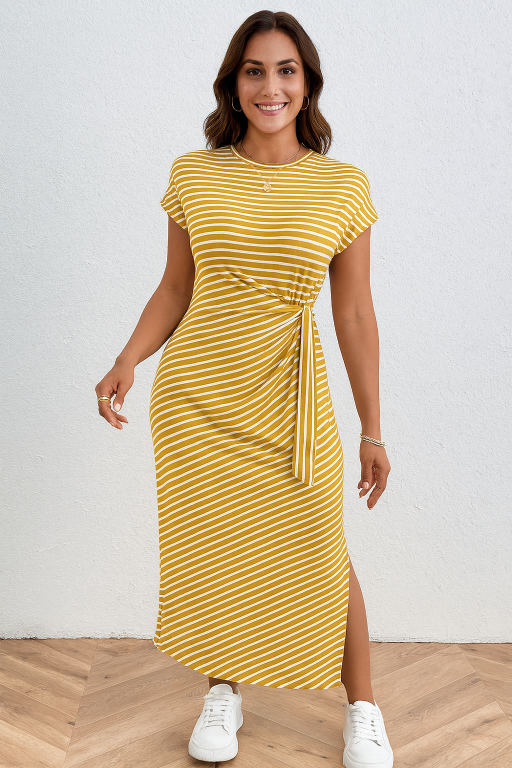 T-shirt dress, maxi, tied, cap sleeve, opaque, stretchy, unlined, side slit, round neck, striped pattern, front view
