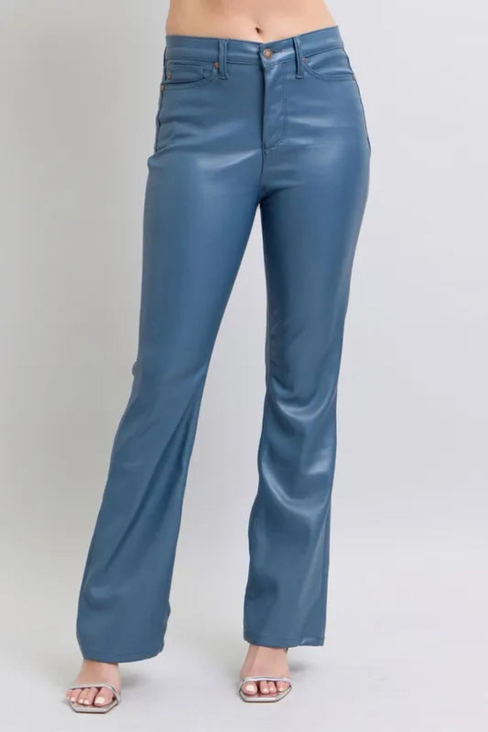 Judy Blue Pants, full-size, high-rise, tummy control, faux leather, straight leg, pocketed, brad detail, some stretch front view