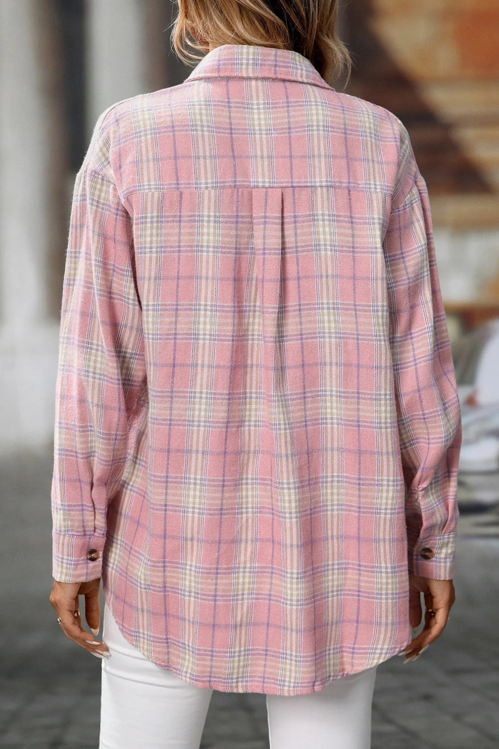 Shirt, long sleeve, collared, buttoned, oversized, front flap pockets, plaid print, no stretch, back view
