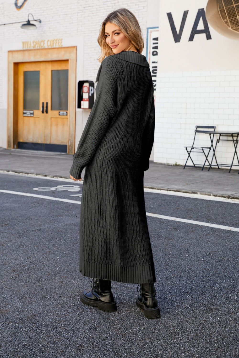 cardigan, open front, duster, collared, ribbed, long sleeve, drop shoulder, slightly stretchy, back view