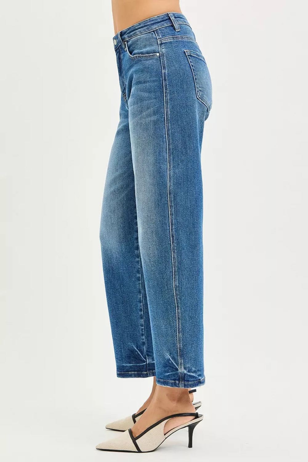 Risen Jeans, mid-rise, raw hem, slouchy, cropped, barrel shape, belt loops, pocketed, button/zipper closure, medium wash, slightly stretchy, side view