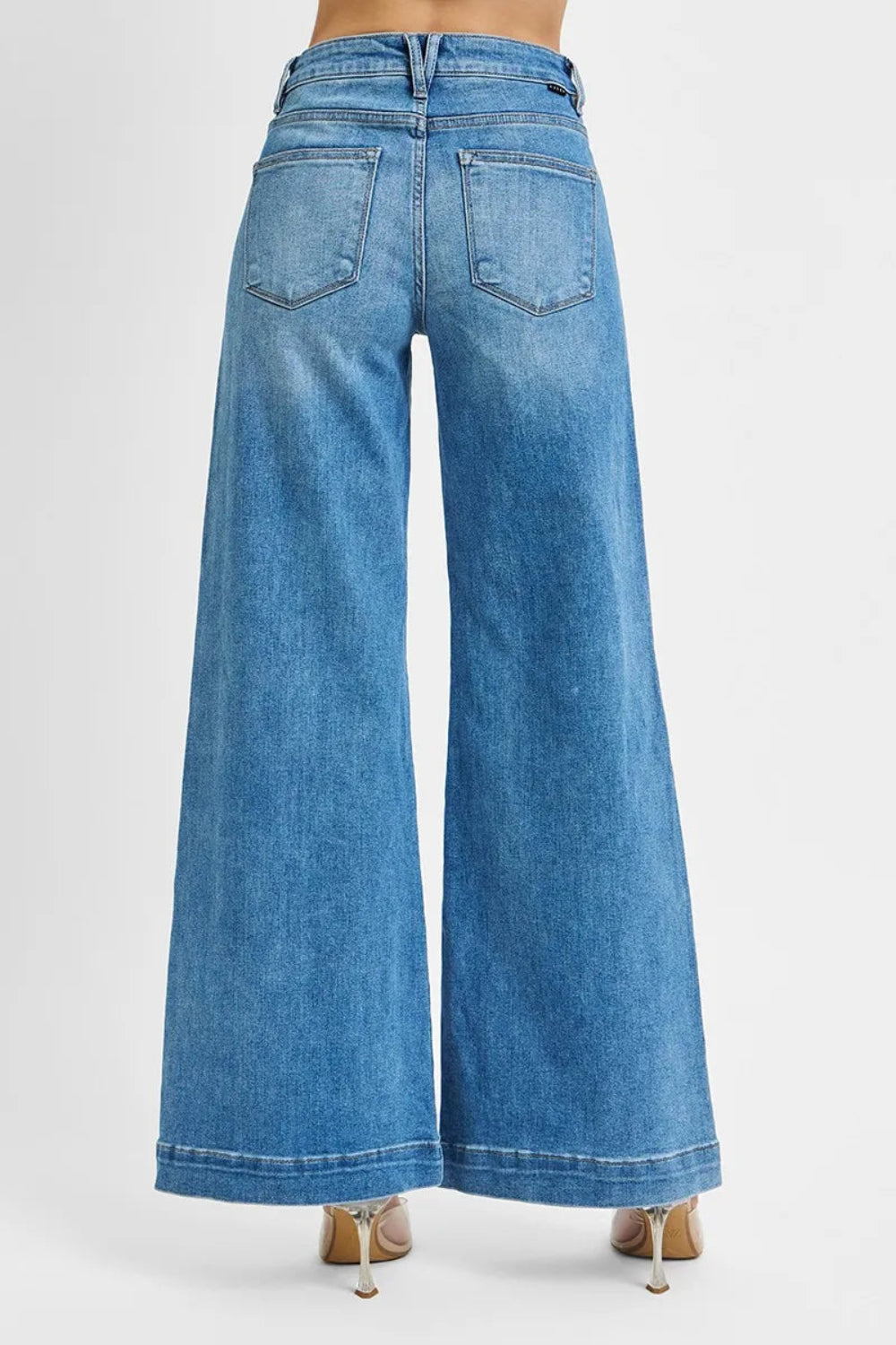 Risen Jeans, full-size, mid-rise, wide leg, patch pocket, medium vintage wash, button/zipper closure, slightly stretchy back view