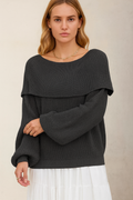 Sweater, pullover, fold over collar, long sleeve, oversized, ribbed knit, slightly stretchy, front view