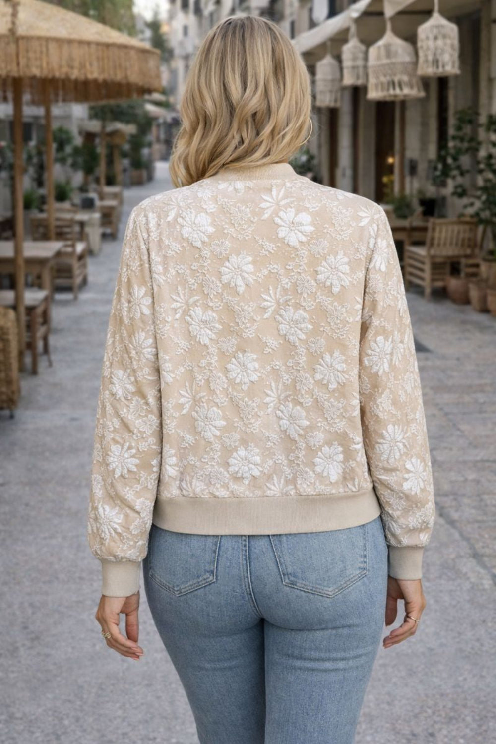 Jacket, floral print, zipper closure, ribbed, unlined, pocketed, no stretch, back view
