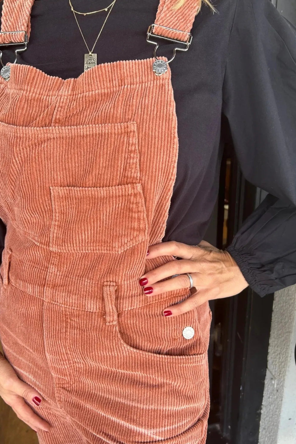 Overalls, corduroy, distressed, straight leg, pocketed, frayed hem, button clasp, no stretch, comes in several colors front view