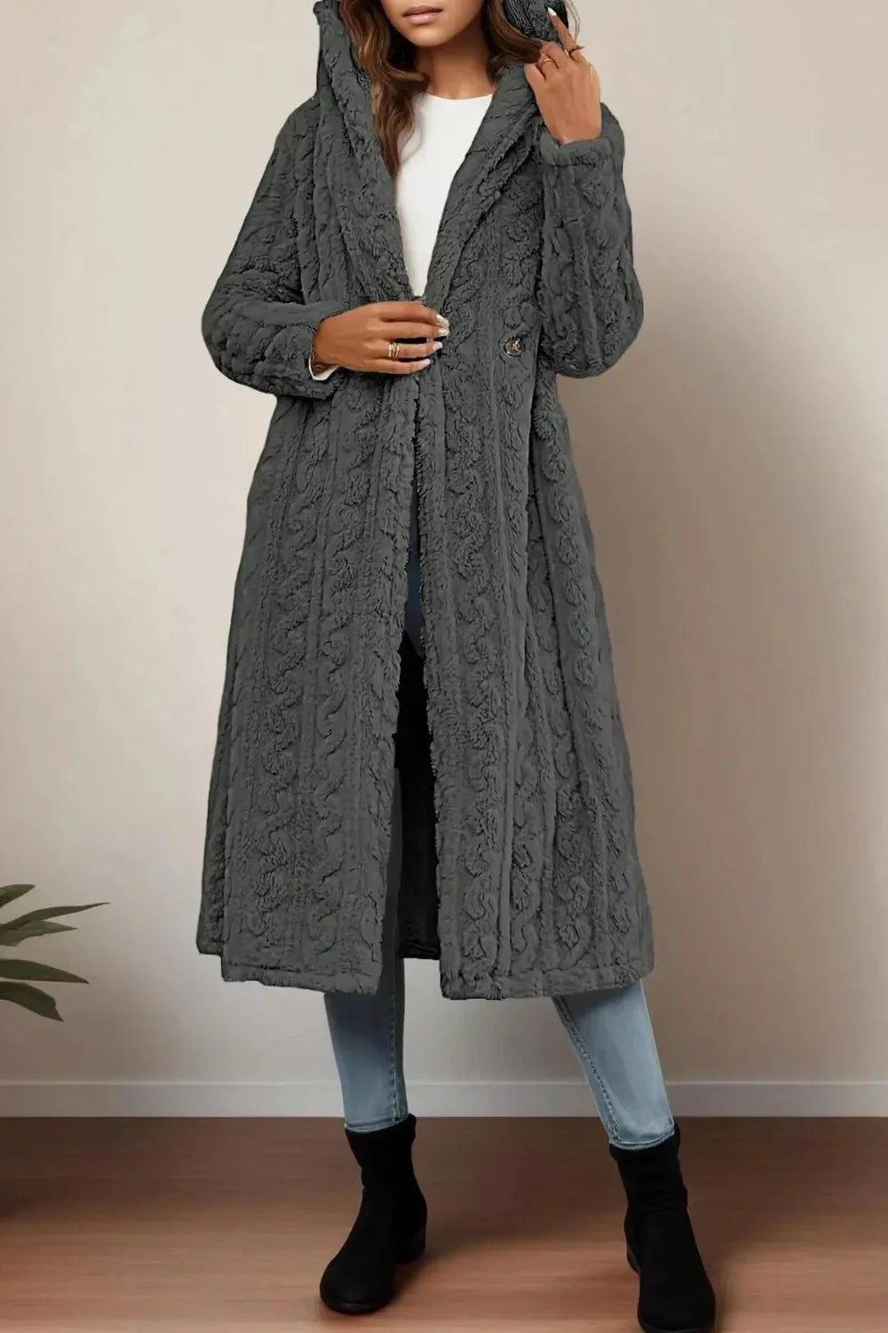 Longline coat, hooded, buttoned, pocketed, thick, lined, oversized, cable-knit design, some stretch, front view