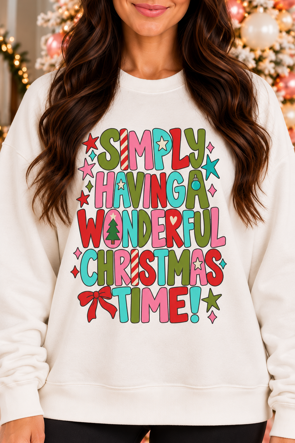 Wonderful Christmas Time Graphic Sweatshirt in white with pink, turquoise, red and green lettering, stars and Christmas bow.