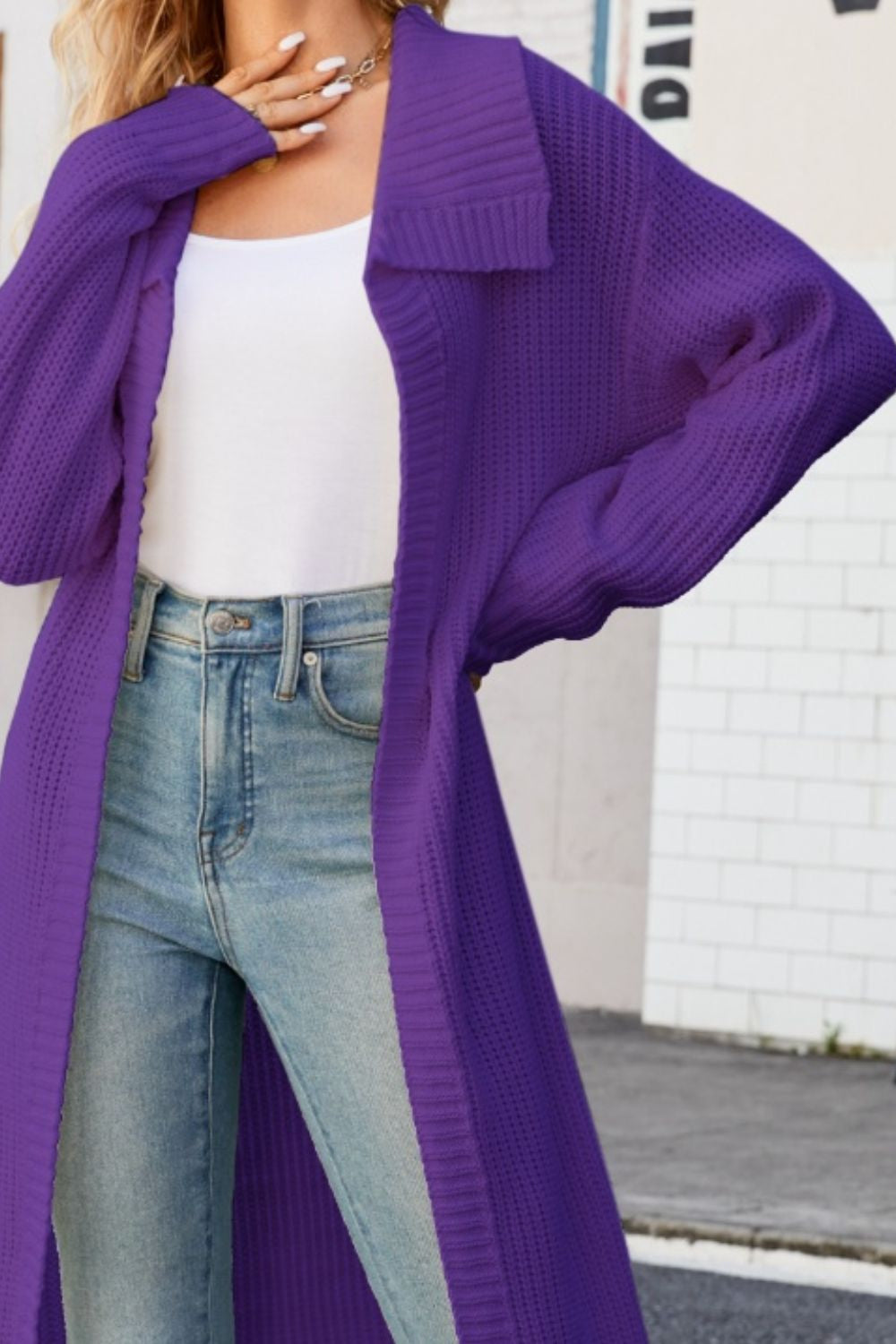 cardigan, open front, duster, collared, ribbed, long sleeve, drop shoulder, slightly stretchy, front view close up