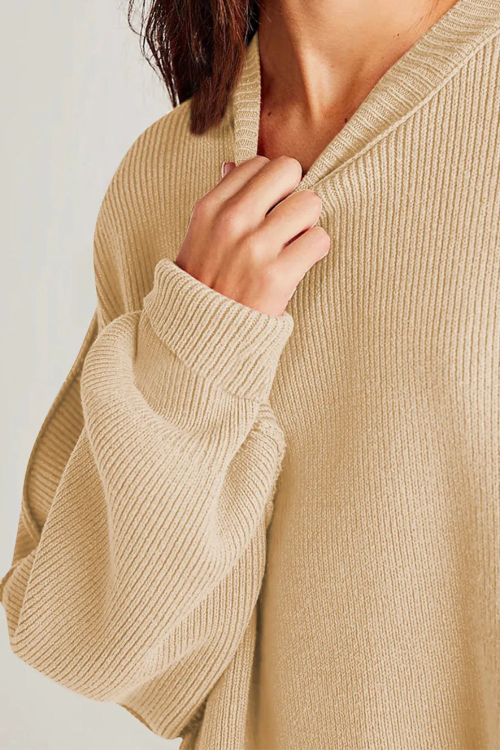 Sweater, oversized, drop shoulder, round neck, exposed seam, long, side slit, ribbed, stretchy front view
