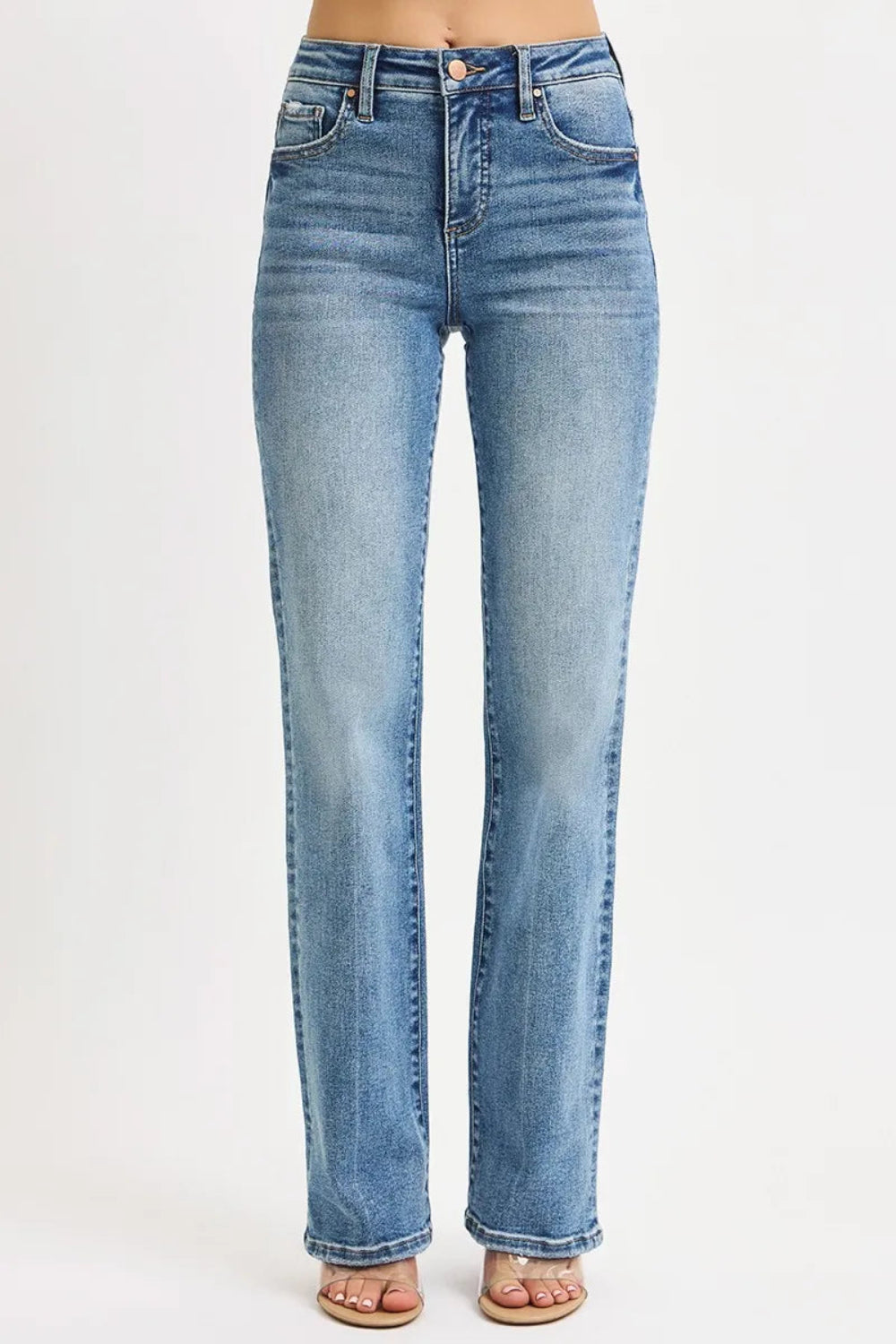 Risen jeans, full-size, high-rise, tummy control, straight leg, 5-pocket detail, button-zipper closure, belt loop detail, medium vintage wash, slightly stretchy, front view