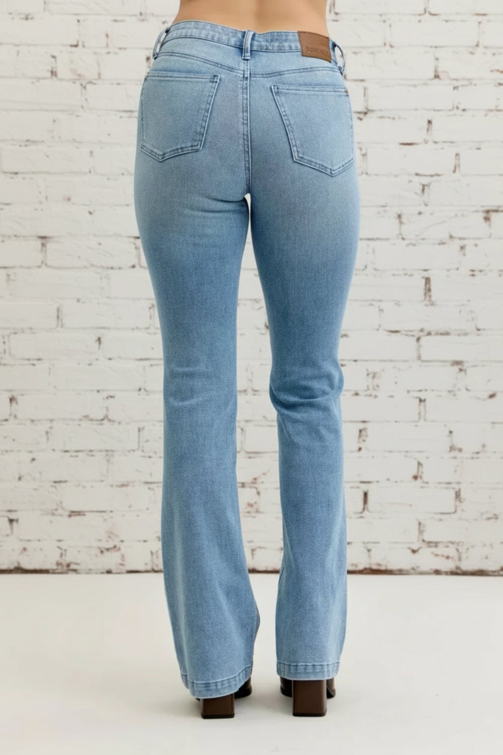 Judy Blue, high-rise, mid-rise, patch pocket, bootcut, contrast wash, pocketed, belt loops, button/zipper closure, stretchy, back view