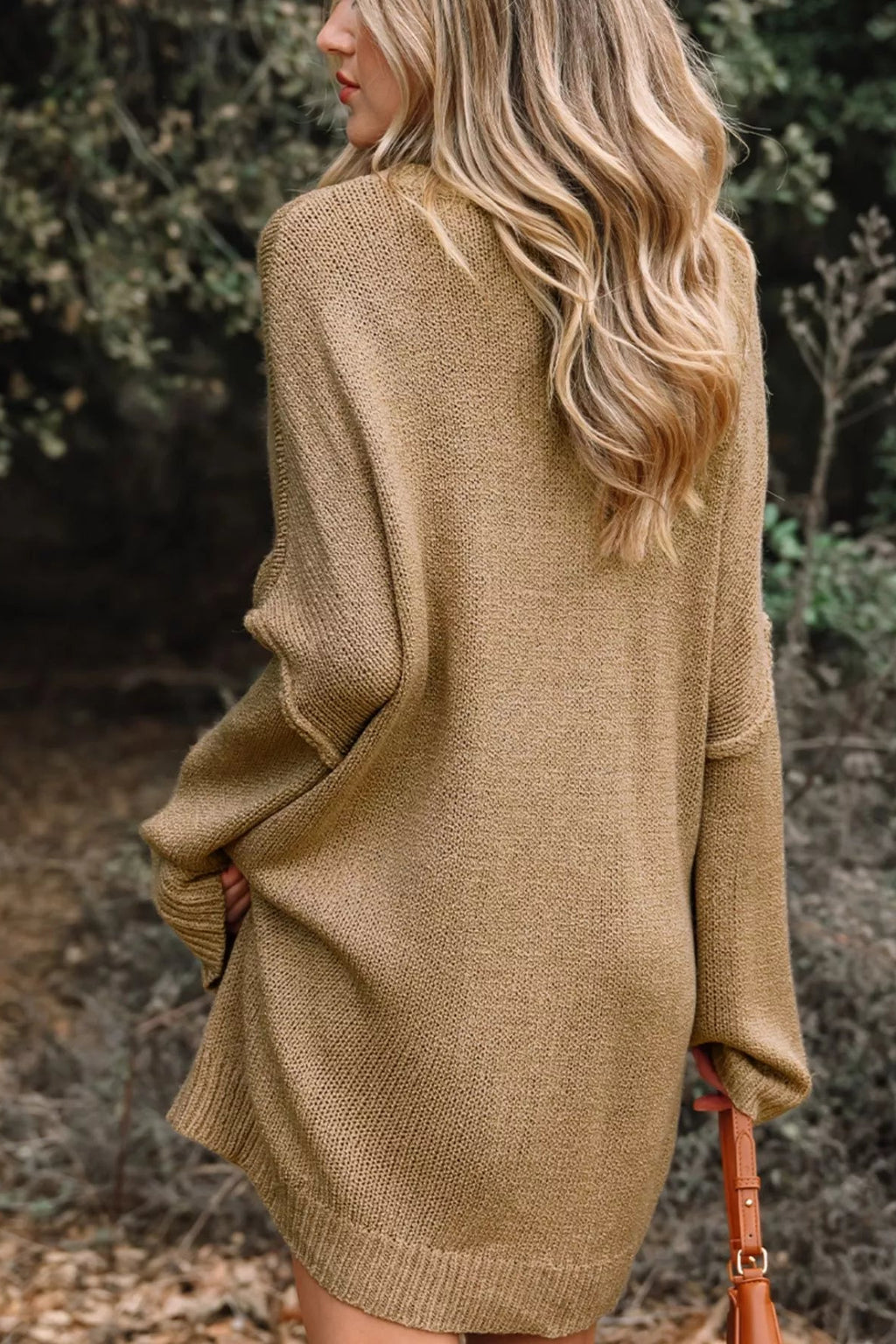 Sweater dress, mini, oversized, long sleeve, drop shoulder, slouchy, round neck, ribbed, exposed seam, slightly stretchy, back view